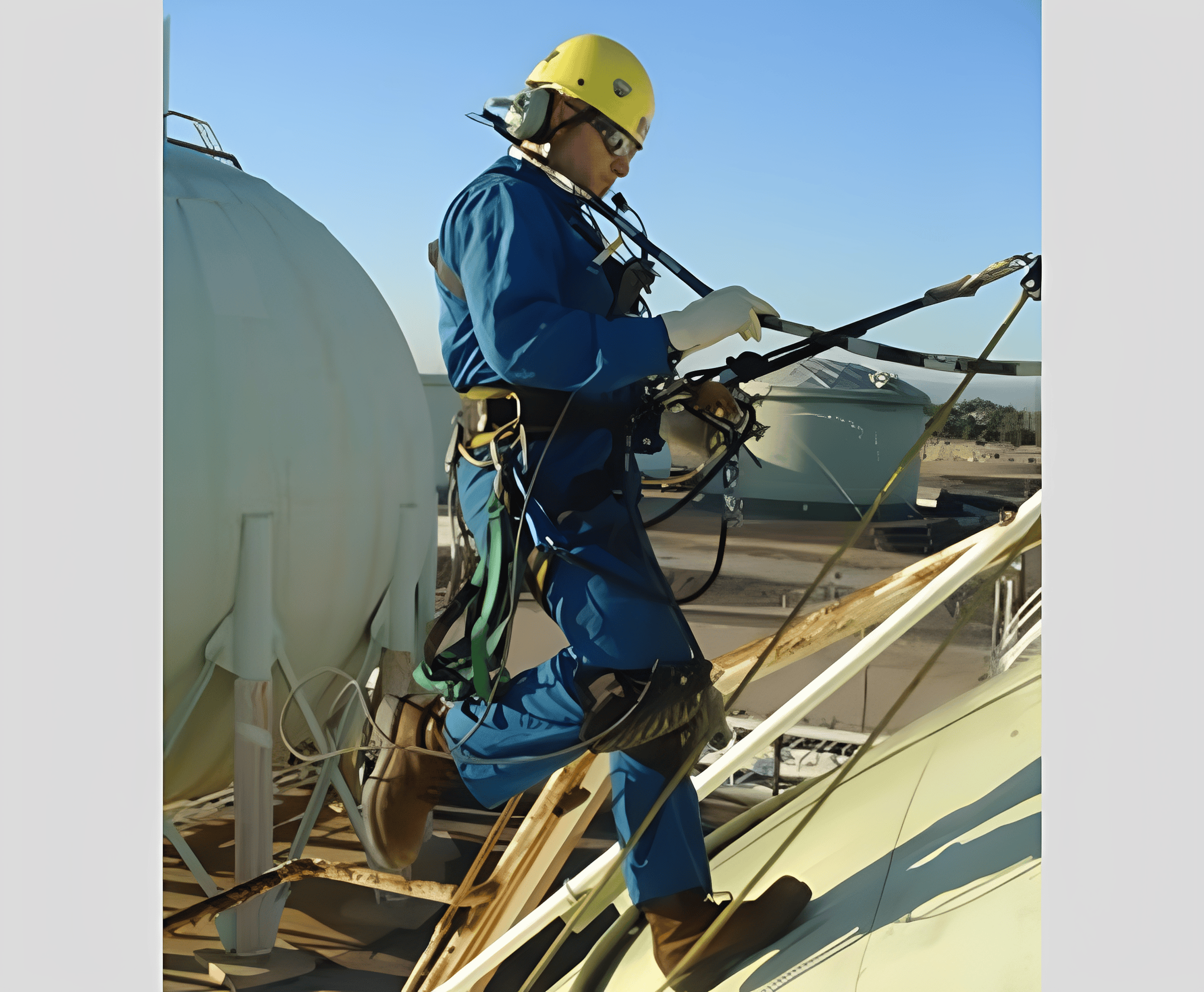 Worker in safety gear on industrial site.
